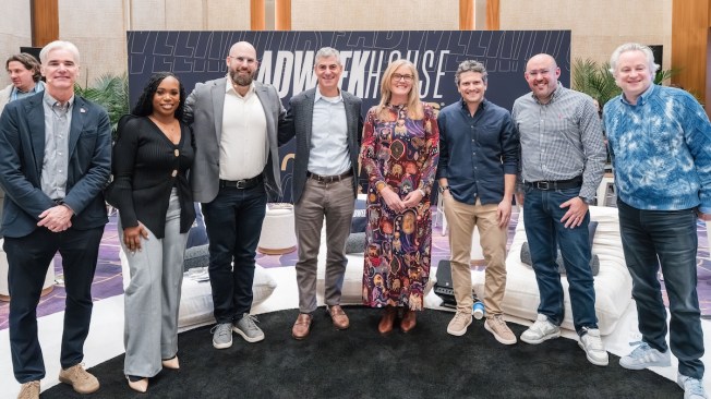 (L-R) CVS Media Exchange's Paul Lentz, Bask & Lather's Shaina Rainford, ADWEEK's Mike Beyman, Amazon Ads' Alan Moss, SmartCommerce's Jennifer Silverberg, DoorDash's Peter Giordano, SMG's Ollie Shayer, IBM's Jonathan Adashek