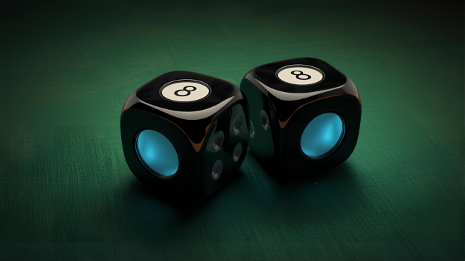 A pair of dice that look like Magic 8 balls