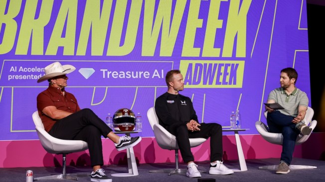 (L-R) Texas A&M University’s R. Ethan Braden, Professional Racing Driver Felix Rosenqvist, ADWEEK’s Bill Bradley