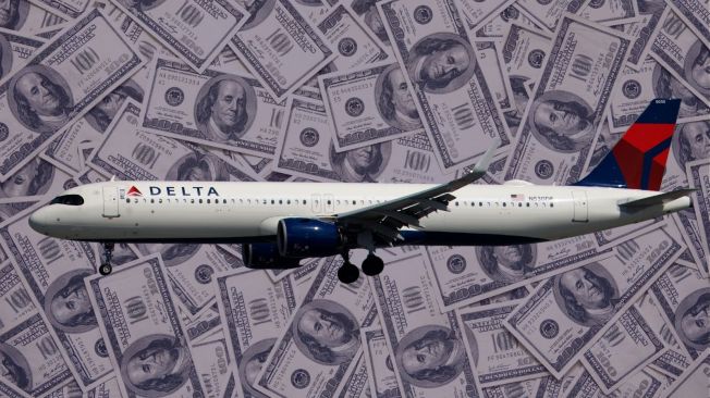 delta plane with $100 bills in the background